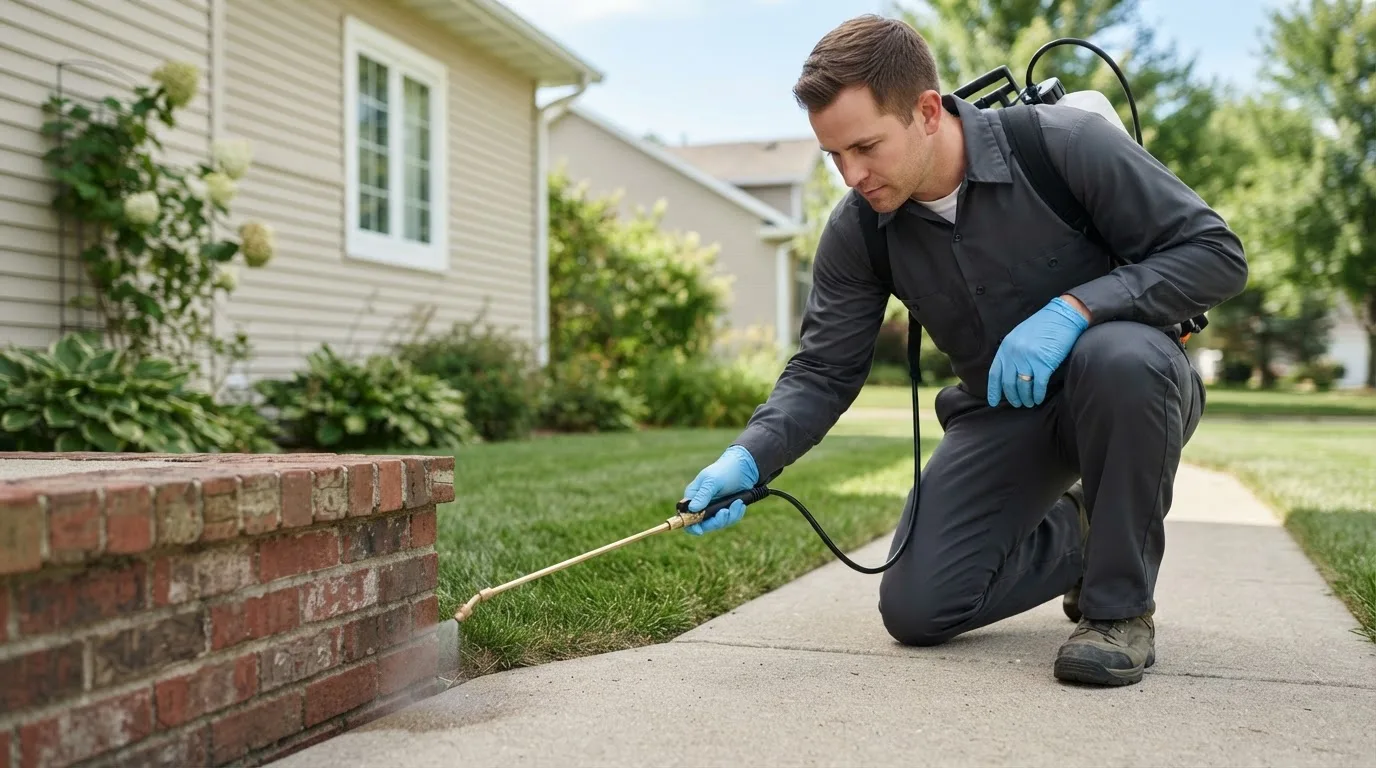 Pest control technician treating a home near Farmersville, IL