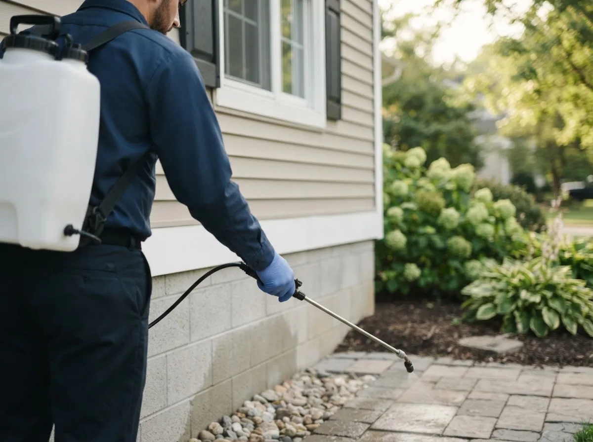 Pest control technician inspecting a home in Farmersville, IL